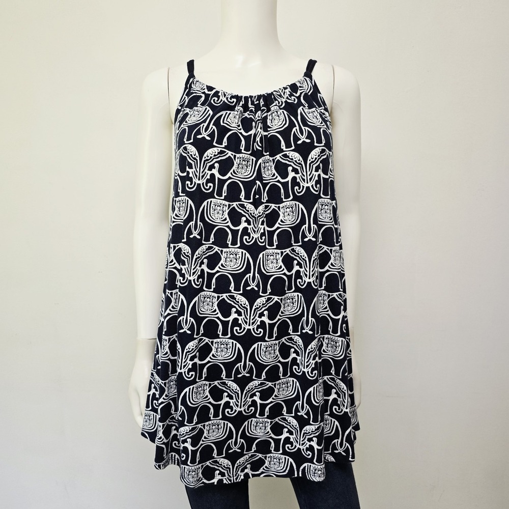 Crown & Ivy Tank Top 2X Womens Sleeveless Elephant Print Tie Back Navy White